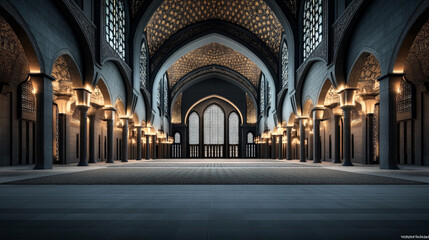 Fototapeta premium Elegant interior of a grand hall with arched ceilings, ornate columns, intricate window designs, and ambient lighting highlighting architectural details.