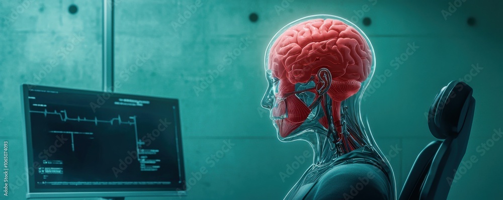 Poster a futuristic representation of a digital brain interfacing with a computer, showcasing the fusion of