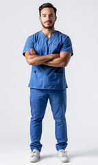 Fototapeta premium Full-body portrait of a male medical professional in scrubs standing on a white background with gentle shadowing, neutral facial expression, isolated in a studio setting with clear, crisp photography.