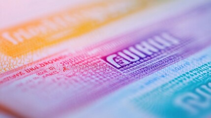 Obraz premium Colorful Visa Sticker in Passport Close-Up