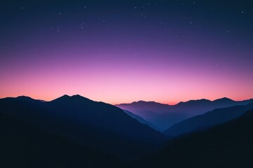 Mountain Silhouette at Night: A black silhouette of mountains with a soft gradient sky transitioning from navy blue to violet, featuring faint stars