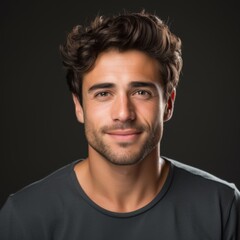 Obraz premium Close up of a man with a beard in a casual button down shirt on a neutral gray backdrop
