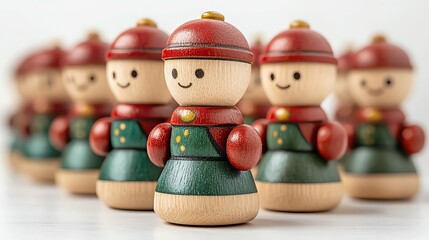 Obraz premium Colorful wooden figures with hats standing in a row, showcasing craftsmanship and playful design, perfect for decor.