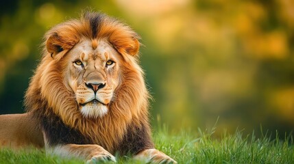 Fototapeta premium A Majestic Lion Resting in Lush Grass, Gazing Directly at the Viewer