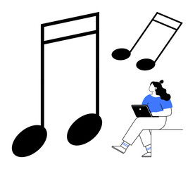 Woman seated with laptop, two large musical notes. Ideal for creativity, music production, online learning, digital work, graphic design, self-expression, educational tools. Line metaphor