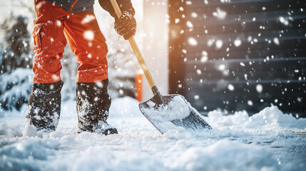 A man with a shovel removes snow near a house on a snowy winter day