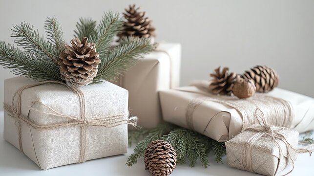 Beautifully wrapped gifts with pine cones and greenery, perfect for festive occasions and holiday celebrations.