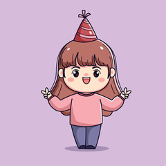 Cute cartoon girl celebrating new year or birthday party chibi kawaii