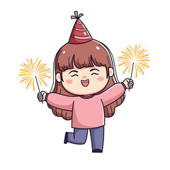 Cute cartoon girl celebrating new year or birthday party chibi kawaii