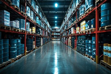 Industrial Warehouse Interior with Rows of Pallets and Barrels