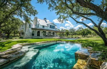 A beautiful home featuring an elegant pool and large backyard with lush green grass.
