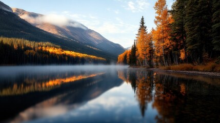 Fototapeta premium Morning mist over a lake surrounded by trees in peak autumn colors, capturing the tranquility and beauty of the season