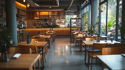Warm and Inviting Urban Cafeteria with Ambient Lighting and Stylish Decor : Generative AI
