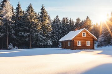 A modern log cabin stands against the backdrop of a snow-covered landscape, surrounded by majestic trees, capturing the peaceful essence of a winter retreat.