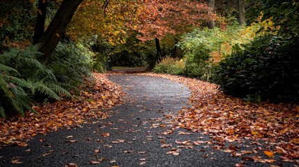 A winding path covered in vibrant fallen leaves under tall trees in shades of red, yellow, and orange, creating a picturesque autumn landscape.