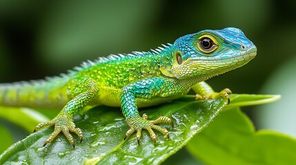 Obraz premium Lizard displays vibrant colors on leaf