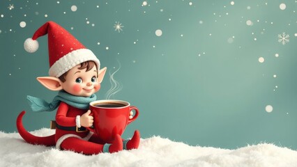 Christmas elf sitting in snow, holding a steaming mug, with a decorated Christmas tree in the background, creating a cozy and festive holiday scene