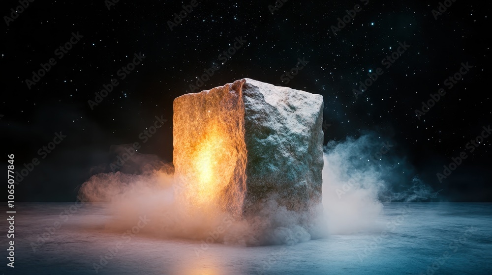Poster an imposing stone monolith glows warmly, set against a backdrop of cosmic fog and distant stars, cre