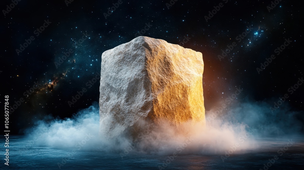 Poster a large, illuminated boulder sits majestically in space, surrounded by ethereal mist and distant sta