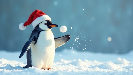 Fototapeta premium Cute penguin wearing a Santa hat, playing with a snowball in a snowy winter setting, adding a festive holiday touch. blur