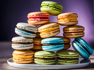 Colorful Macarons Stacked on Plate with Shadows