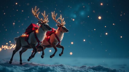 Two reindeer in astronaut gear soaring through a starry, snowy night sky, blending holiday magic with sci-fi adventure and glowing light effects. blur