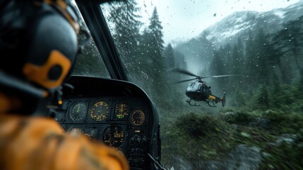 A skilled pilot maneuvers a helicopter through a breathtaking mountain landscape, highlighting adventure, skill, and the untamed beauty of nature.