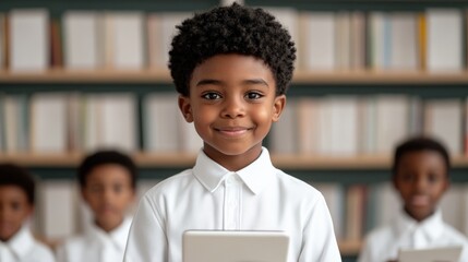 Smiling Student with Tablet in Library