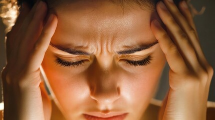 Obraz premium A young woman holding her head with a pained expression, representing stress, anxiety, or headache. The background is softly blurred.