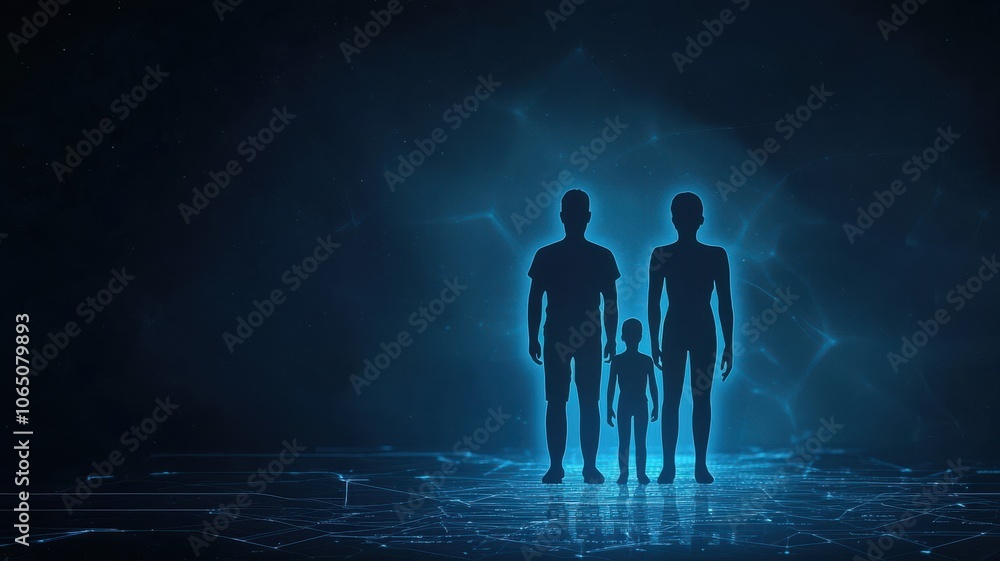 Poster a glowing silhouette of a family stands together against a dark, digital backdrop, symbolizing unity