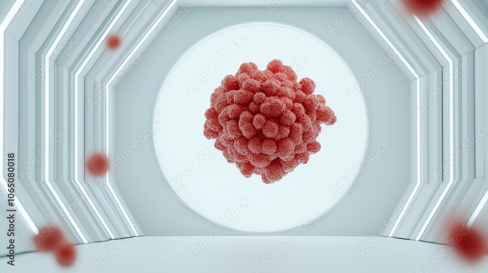 Poster abstract representation of a red cellular structure in a futuristic, illuminated environment, symbol