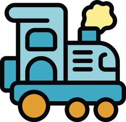 Fototapeta premium Blue toy train locomotive is blowing smoke from its smokestack while moving on its tracks