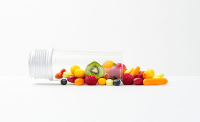 Colorful Capsules and Fresh Fruits Overflowing from Containers