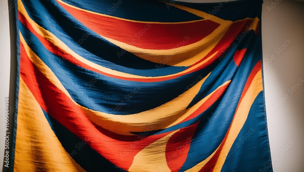 Aufkleber a colorful abstract fabric hangs on a white wall with folds and wrinkles creating a unique pattern.