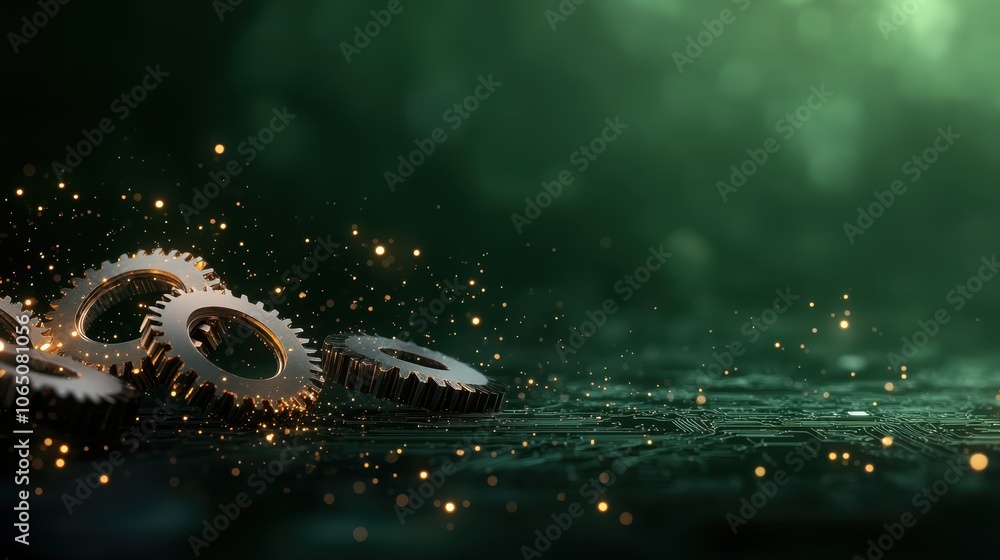 Poster metal gears lie scattered on a circuit board-like surface with golden sparkles floating gently in a 