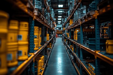 Fototapeta premium An aisle of a warehouse with yellow and black storage containers on shelves