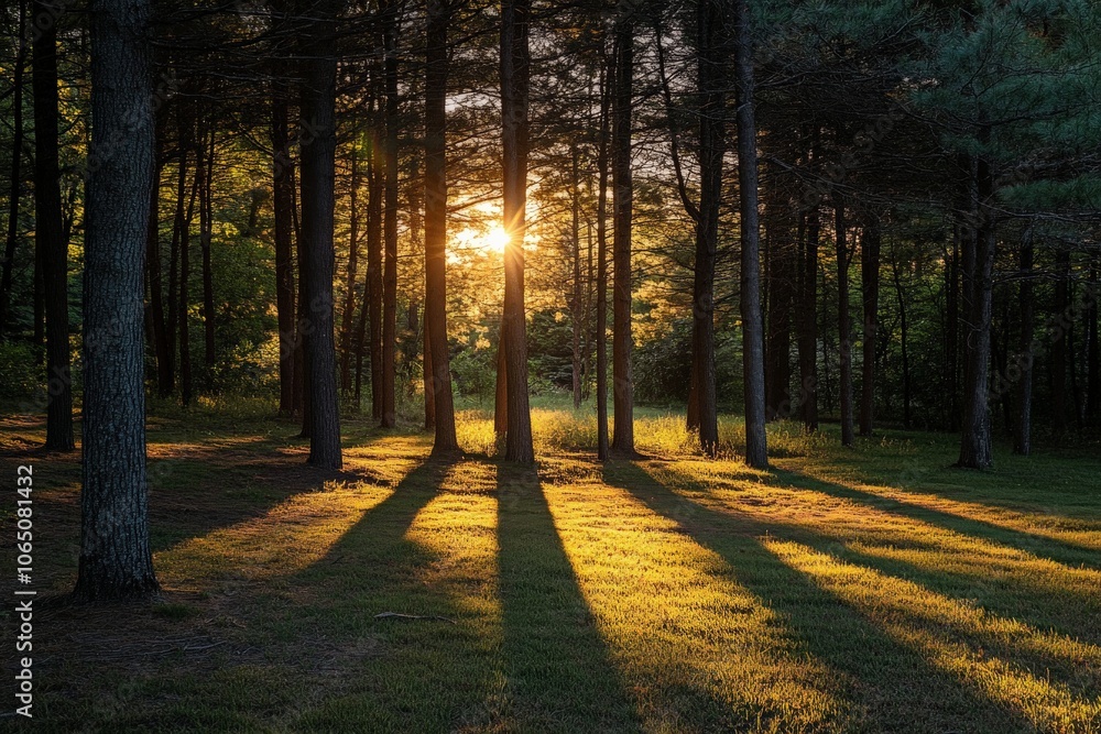 Poster this picture depicts the enchanting golden hour where sunlight filters beautifully through tall pine