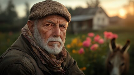 An elderly man with a solemn expression stands amid nature, exuding wisdom and contemplation, as the soft sunset paints a warm, nostalgic scenery around him.