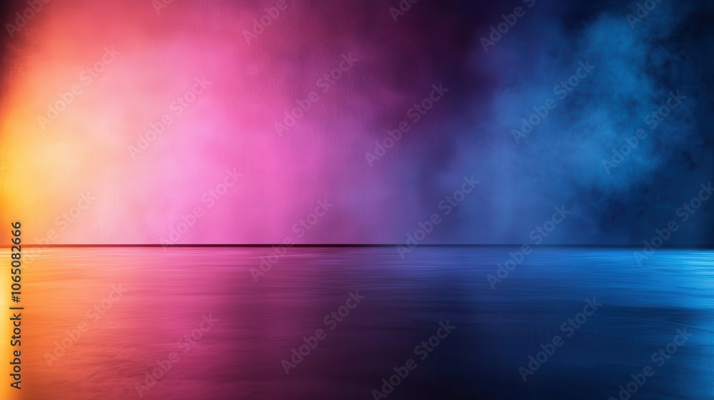 Poster a colorful abstract gradient transitions smoothly across the misty background, creating a dreamy and