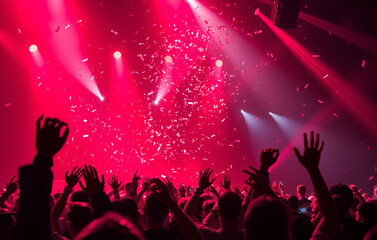 Concert scene filled with raised hands against a backdrop of dynamic red lighting