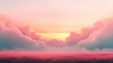 Obraz premium dreamy landscape with pastel pink clouds and vibrant sunset