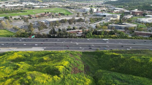 Aerial video over a highway in the city of Pomona United States