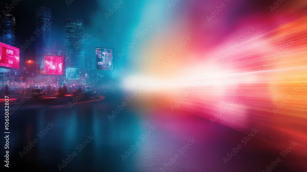 Poster an energetic cityscape captures a dazzling explosion of colorful lights, showcasing the dynamic blen