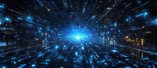 Fototapeta premium A digital tunnel with a bright light at the end and blue and gold lines radiating outwards in an abstract 3D space, representing the future of technology and data.
