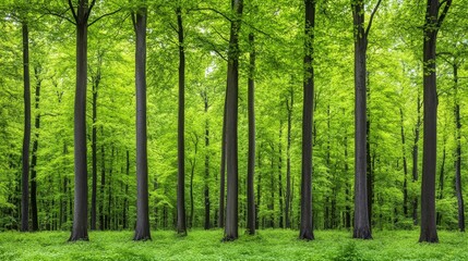 Obraz premium Lush Green Forest Landscape with Tall Trees and Sunlight Filtering Through Canopy