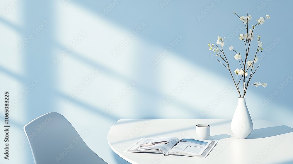 Poster Sleek Vase with Blossoming Flowers on Simple Table in Soft Blue Light : Generative AI