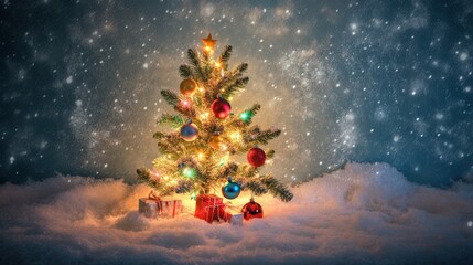 Fototapeta premium Christmas and New Year greeting card. Glowing Christmas Tree in Snowy Winter Wonderland 