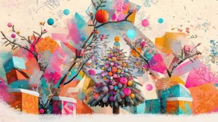 Obraz premium Christmas and New Year greeting card. Abstract Christmas Tree in Vibrant Winter Wonderland 