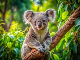 Aerial Photography of a Koala Bear on a Tree Branch, Captivating Wildlife Close-Up, Nature Exploration, Australian Fauna, Tree Canopy Perspective, Animal Portraits