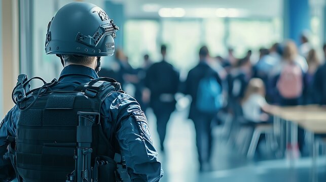 Police officer in tactical gear monitors a classroom, ensuring safety during a school emergency.
